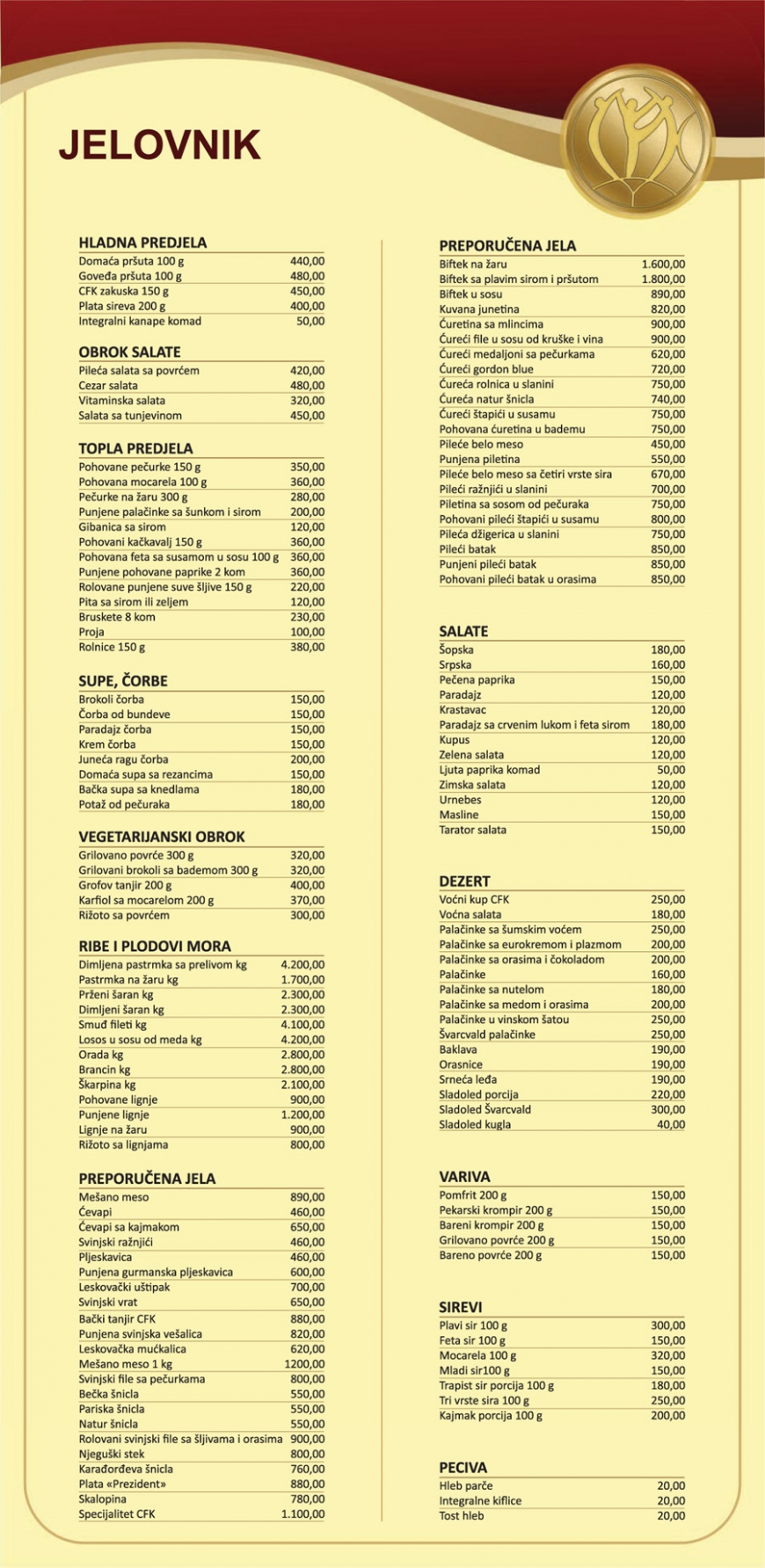 Jelovnik - Restoran CFK