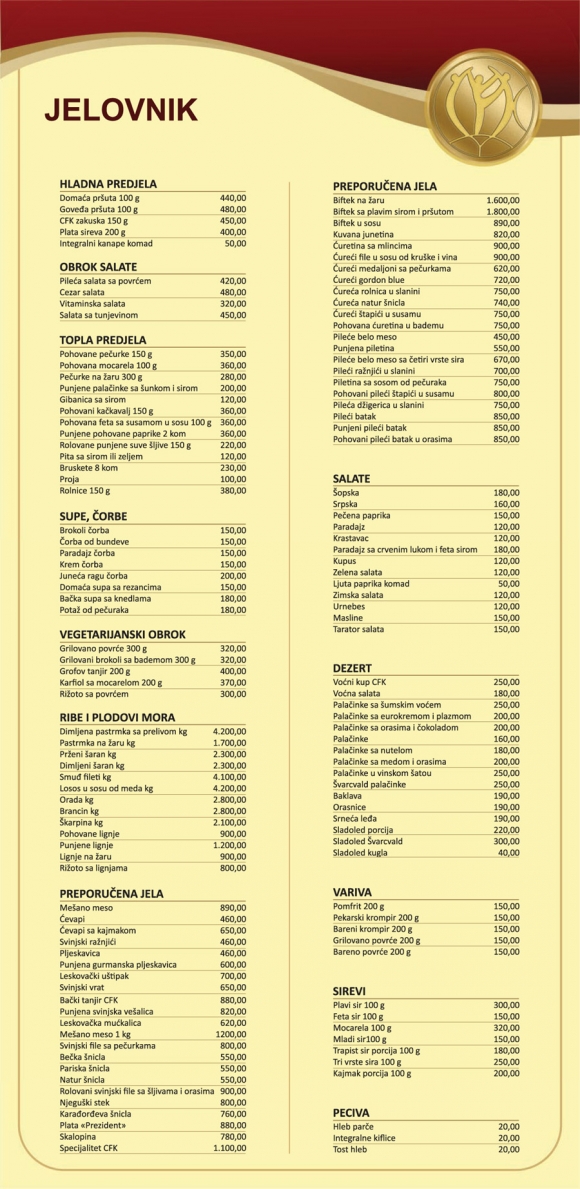 Jelovnik Restoran CFK CFK Vrbas