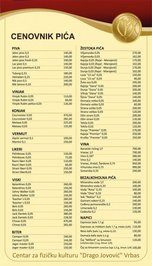 Cenovnik pića CFK Vrbas